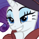 A white unicorn with a purple mane wearing a smug, knowing grin.