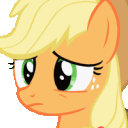 Applejack the pony shows a sequence of increasingly annoyed and skeptical facial expressions.
