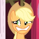 Applejack the pony with a wide, strained, and nervous grimace on her face.