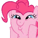 Pinkie Pie the pony with a blushing, bashful expression and wide, adoring eyes.