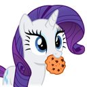 A white unicorn pony with a purple mane happily chewing on a chocolate chip cookie.