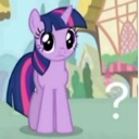 A purple pony with a dark mane stands looking confused next to a large white question mark.