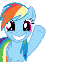 Blue pony with a rainbow mane waving its hoof while smiling widely.