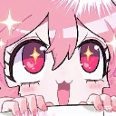 Anime girl with pink hair and sparkling star-shaped eyes peeking over a ledge with a wide, happy expression.