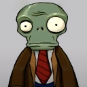 A green-skinned zombie wearing a brown suit and red tie looking at the viewer with wide, blank eyes and a confused expressio…