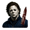Masked figure with a white mask and dark hair holding a blood-stained knife.