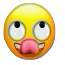 Yellow smiley face with wide eyes looking up and tongue sticking out.