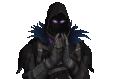 A hooded figure with glowing purple eyes holds their hands together in a prayer-like gesture.