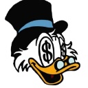 Scrooge McDuck wearing a top hat with dollar signs replacing his pupils.