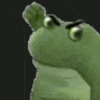 A small green frog with an angry expression repeatedly throwing a punch.