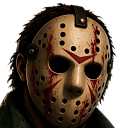 Hockey mask with red markings and black eye holes.