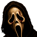 A white, elongated ghost mask with a wide-open screaming mouth and blood stains, set against a dark background.
