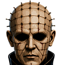 Pinhead with a grid of pins in his head stares forward with hollow black eyes.