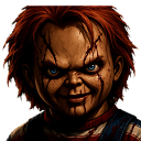 Chucky the doll with a scarred face and blue eyes wearing a sinister, menacing grin.