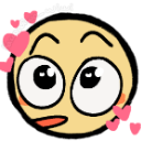 A yellow smiley face with large eyes and a blush, surrounded by floating pink hearts.
