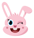 Pink rabbit face winking and smiling with a toothy grin.