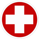 Red cross symbol centered on a white background within a red circle.
