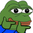 Green frog character with large eyes and a smug expression making finger gun gestures with both hands.