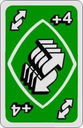 Green playing card featuring a white reverse symbol and plus four text.