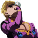 Anime man with blonde hair and a purple jacket tilts his head back to drink from a glass.