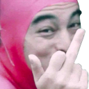 A person wearing a pink spandex mask smirking and holding up their middle finger.