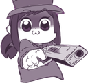 A cute anime-style character wearing a hat points a handgun directly at the viewer with a blank expression.