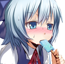 An anime girl with a bright red blush eating a blue popsicle while looking flustered.