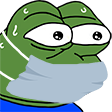 A green frog character wearing a white face mask with sweat drops on its forehead, looking wide-eyed and anxious.