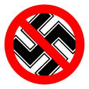 Prohibition sign with a red circle and diagonal line over a black swastika.