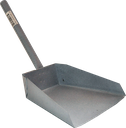A metal dustpan with a long handle angled towards the upper left.