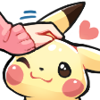 A small yellow creature with rosy cheeks winks while receiving a gentle pat on the head from a hand.