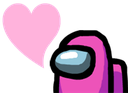 A pink astronaut character standing next to a large pink heart.