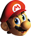 Mario with a red hat looking upward with wide, shocked eyes.