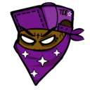 A stylized character wearing a purple bandana with white stars and a matching purple cap, featuring glowing white eyes and a…