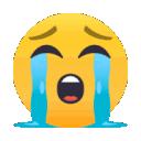 Yellow emoji face with a wide open mouth and large blue tears streaming down its cheeks.