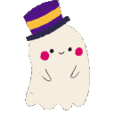 A cute white ghost wearing a purple and gold top hat with pink cheeks smiling.