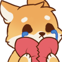 A cute cartoon fox holding a pink heart with both paws.