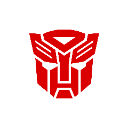 A stylized red robotic mask emblem with sharp angles and geometric features on a white background.