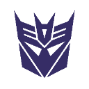 A purple, angular, robotic face mask emblem with sharp points.