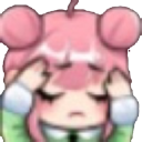Anime girl with pink hair holding her head with both hands in a gesture of frustration.