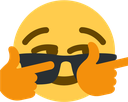 A yellow smiley face wearing sunglasses and using both hands to adjust the frames.