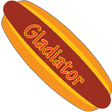 A hot dog with the word Gladiator written in a curved, retro font across the center.