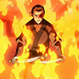 Zuko with a scarred eye stands with a fierce expression holding two blades while surrounded by bright orange flames.
