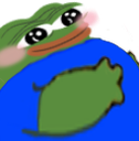 A cartoon frog with large eyes and pink cheeks showing off a round, green belly.