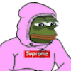 A green frog wearing a pink hooded sweatshirt with a red logo looking sideways with a bored expression.