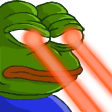 Frog character with a serious expression shooting bright red laser beams from its eyes.