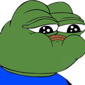 A green frog with a strained, pained expression and puffed cheeks.