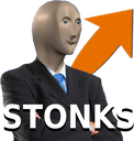 A mannequin head with a smug expression wearing a suit stands in front of an upward trending orange arrow with the text STON…