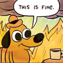A cartoon dog wearing a hat sits calmly at a table with a coffee cup while the background is completely engulfed in flames.