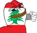 A cartoon frog with the Lebanese flag pattern on its face throwing a punch with its right fist.
